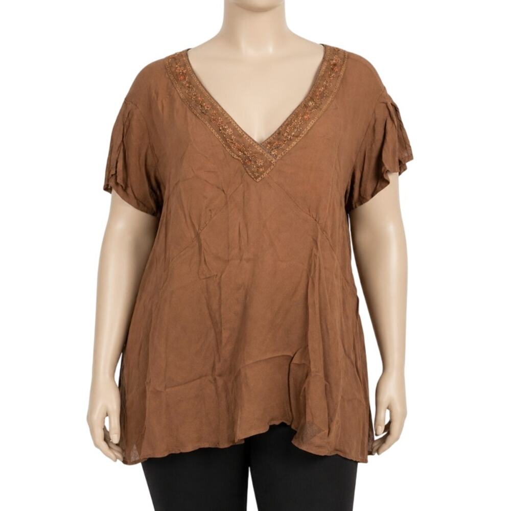 Faded Glory Tunic Top Plus 22W Brown Short Sleeves V Neck Boho Prairie Y2K Folk